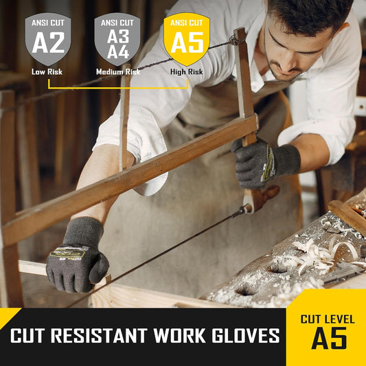 COOLJOB A5 Fiberglass Free Cut Resistant Gloves for Men, Touchscreen, Grip Nitrile Coated, No PFAS, Non Slip, Soft & Durable