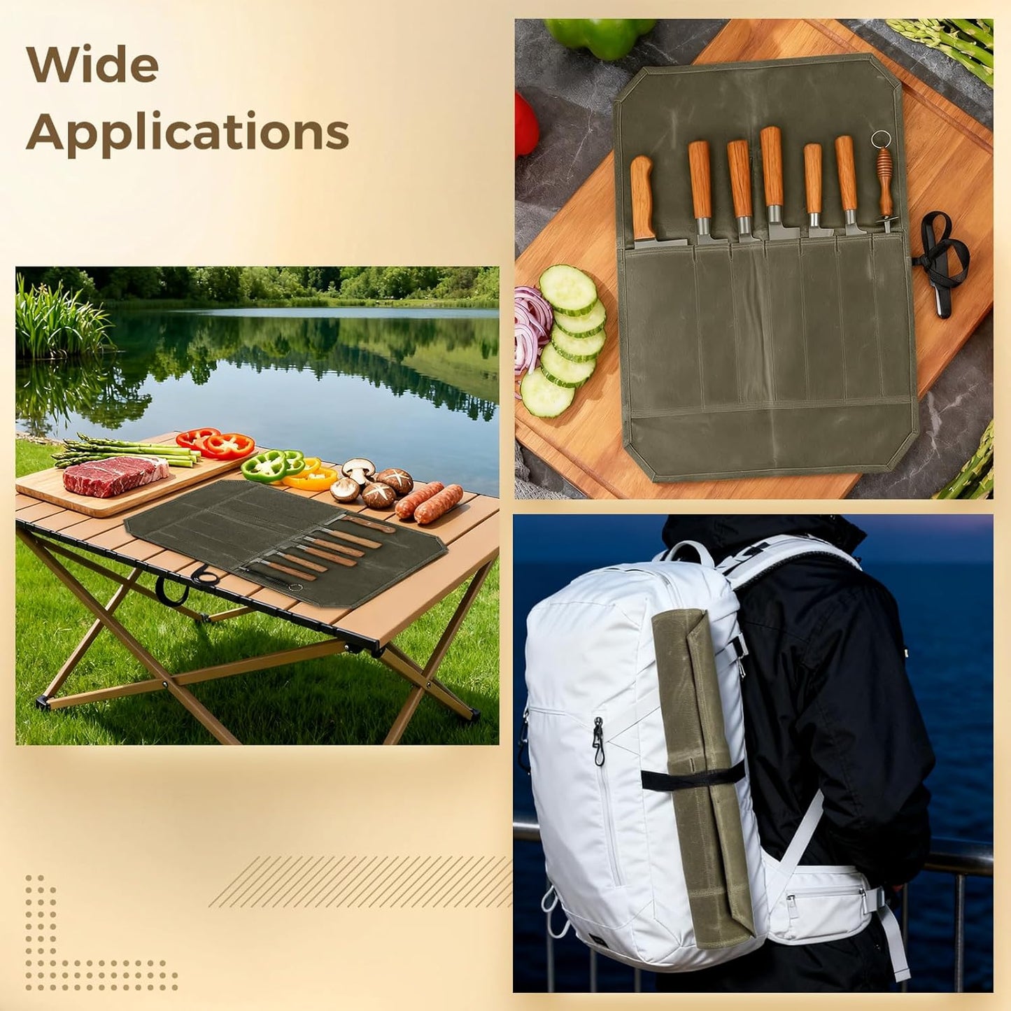 Chef's Knife Roll Case, Canvas Knife Bag, 22 x 17.7 in / 56 x 45 cm Travel Tool Roll Pouch Kitchen Utensils Wrap Bag, 7 Pockets Portable Storage for Knives, Army Green