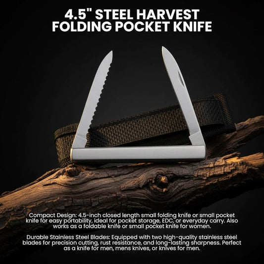 SZCO Supplies 4.5" Steel Harvest Folding Pocket Knife for Men – Dual Stainless Steel Blades, Compact EDC Knife, Small Pocket Knife, Pocket Knives & Folding Knives with Sheath for Gardening, Camping, and Everyday Carry
