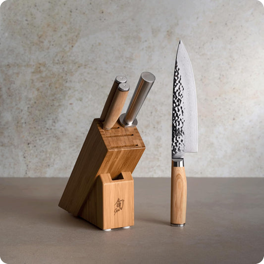 Shun Premier 8 Piece Professional Block Set, Features 6 Shun Premier Knives, Honing Steel and 11-Slot Bamboo Knife Block, Handcrafted Japanese Knife Set, Pakkawood Handles