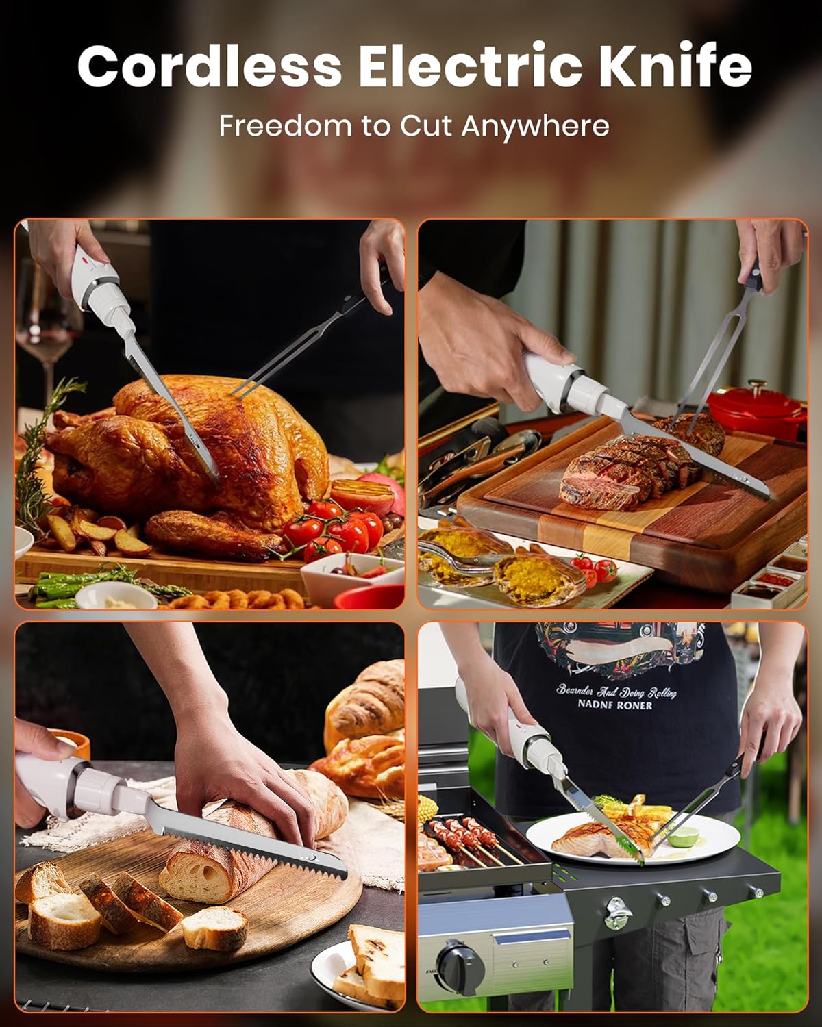 LAUDLIFE Electric Knife, Cordless Cutting Knife, Ergonomic Design with Comfortable Contoured Grip Rechargeable Easy-Slice Electric Carving Blade for Meat Slicing, Bread, Fillet, Turkey, Black