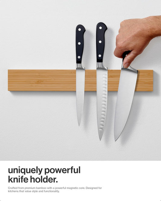 LARHN Magnetic Knife Holder for Wall or Fridge - No-Drill Bamboo Knife Magnetic Strip, 16″ - Renter Friendly