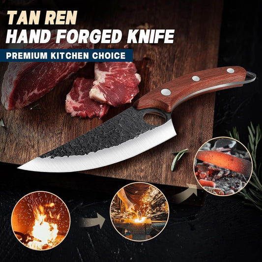 TAN REN 7-Inch Stainless Steel Boning Knife, Meat Cutting Knife with Sheath, Flexible Curved Blade for Brisket and Fish Filleting