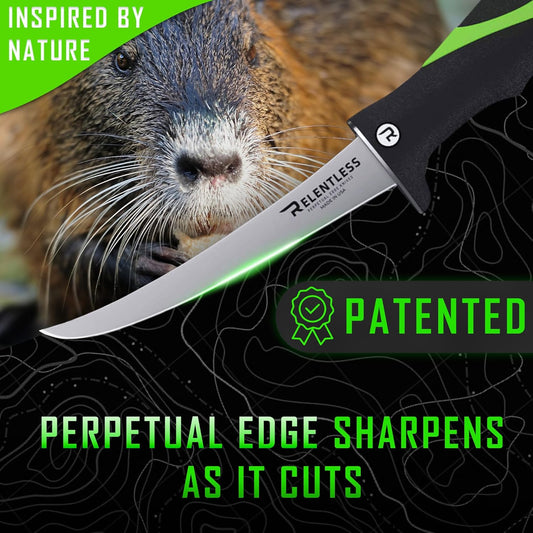 Relentless 6" Straight Fillet Knife - Titanium Perpetual Edge™ Self-Sharpening Blade - True Grit™ Non-Slip Handle - Aerospace-Grade Titanium - Flex Fillet Knife - Made in USA with Leather Sheath