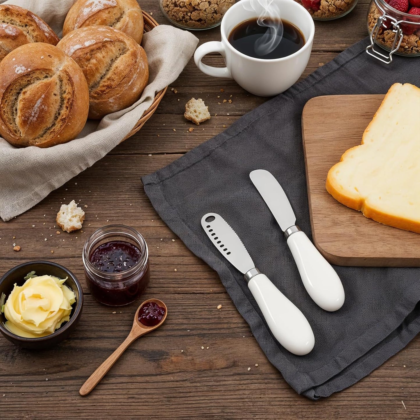 Cheese Spreader Knives, Stainless Steel Butter Knife with Porcelain Handles Cheese Butter Spreader Knives for Kitchen, Butter-Knife with Holes in Blade for Soft Jam, Charcuterie, Pastry