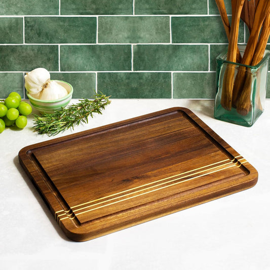 Rock & Branch Large Acacia Wood Cutting Board with Juice Groove – 18" Carving Board with Inlaid Pinstripes | Doubles as Oversized Charcuterie Serving Tray