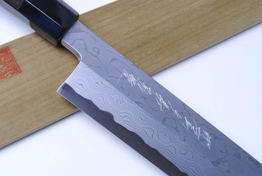 Yoshihiro High Carbon Blue Steel Damascus Kiritsuke Sushi Chefs Knife 10.5
