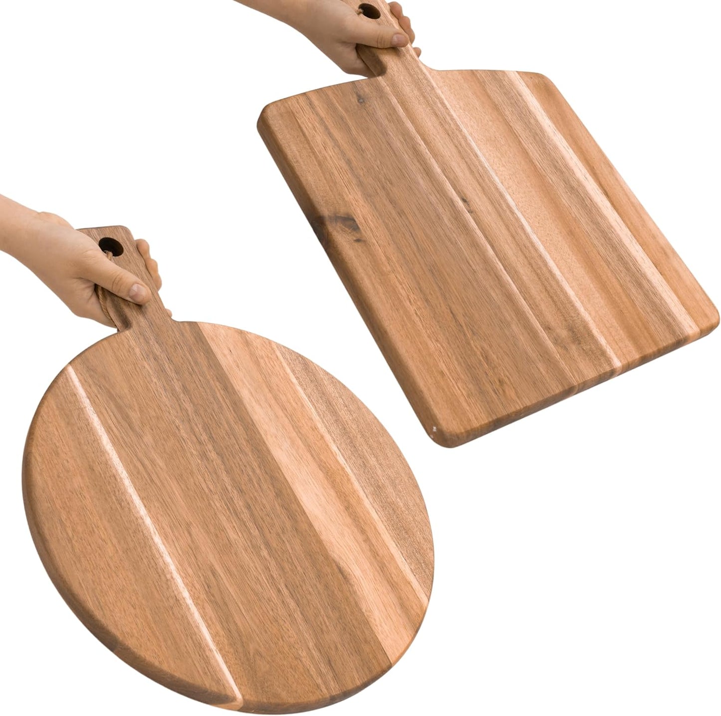 KOLWOVEN Acacia Wood Cutting Board 2 Pack with Handle, Wooden Charcuterie Board Large Paddle Carving Chopping Board Set, Serving Tray for Cheese Meat Fruit Pizza Bread Baking