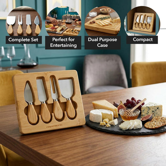OVENTE 4 Piece Cheese Knife Set with Bamboo Handle & Wooden Case, Complete Stainless Steel Charcuterie Knives, Ideal Cheese Slicer, Spread & Butter Cutter for Party and Holiday Gift, Brown KCS5974B