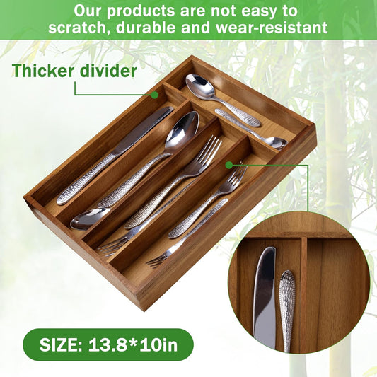 Greenual Black Silverware Organizer 10 In Utensil Organizer Silverware Tray for Drawer Cutlery Flatware Organizer for Kitchen Bamboo Wood