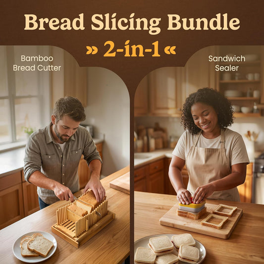 Bread Slicer Guide for Homemade Bread 3-In-1 Set: Sourdough Rounds Slicer, Baguette Cutter & Sandwich Sealer | Bread Loaf Slicing, Adjustable Bamboo Bread Cutter With Knife & Magnetic Slot