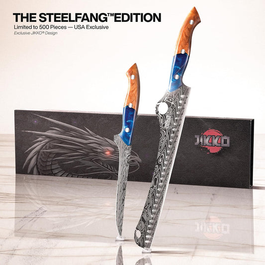 Jikko® SteelFang Edition – Japanese Brisket & Fillet Knife Set with Rosewood Handles | Premium Butcher & Carving Knives for Meat, BBQ, and Fish – Ultra Sharp High-Carbon Stainless Steel Blades