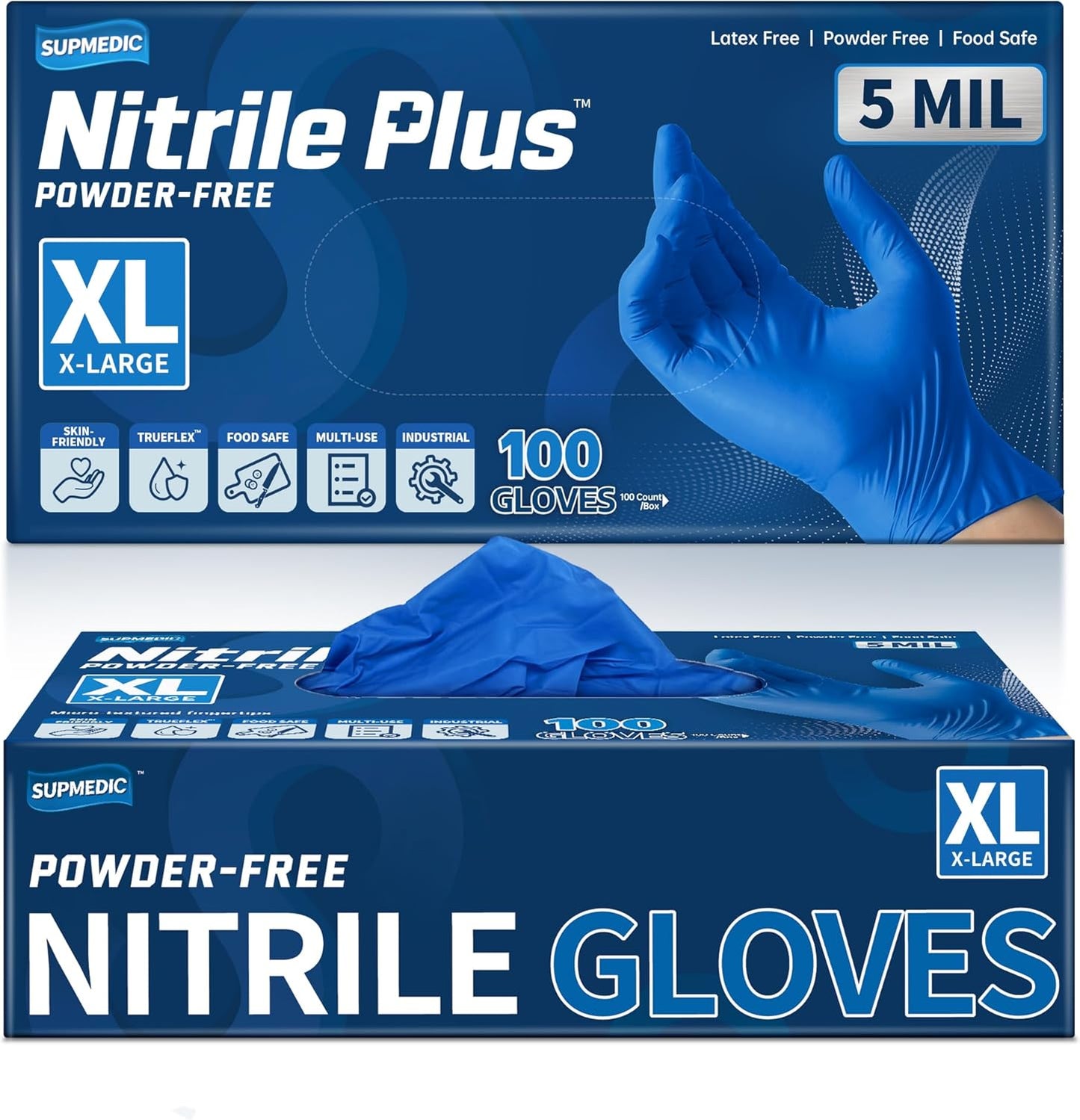 Supmedic Disposable Nitrile Gloves, 5Mil Chemical Resistant Powder-Free Latex-Free Glove Exam Cook Tattoo, Black Blue 100Pcs