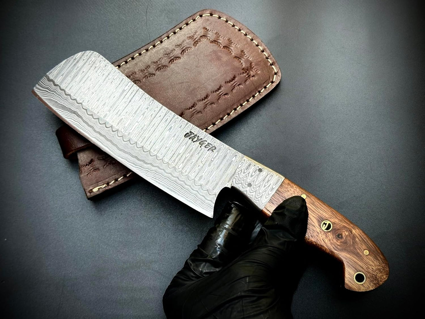 Handmade Nakiri Chef Knife 9.4" | Damascus Steel Full Tang Blade 5.5" | Rose Wood Handle & Leather Sheath | Sharp Japanese Chef Knife for Cooking, Chopping & Kitchen Use