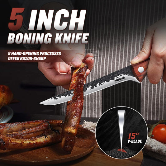 Huusk Fillet Knife for Meat Hand Forged Boning Knives 7 Inch Fish Filet Brisket Trimming Knife with Leather Sheath Japanese Butcher Knife for Fish Chincken Gift for Dad