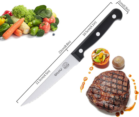 OLULU Steak Knives Set of 4, Stainless Steel Serrated Steak Knife Set, Dishwasher Safe (Unique Food Themed Design)