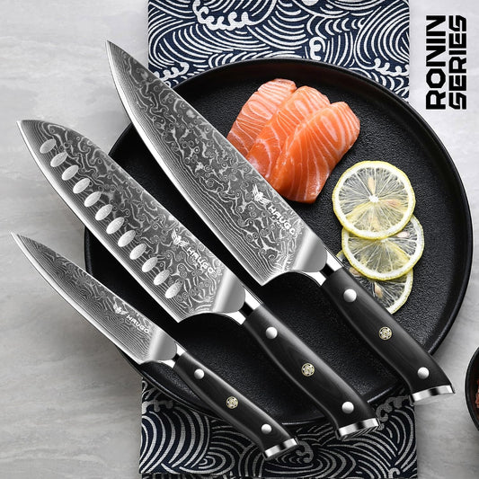 Damascus Knife Set - Haugo 3 PCS Professional Chef Knife Set with Japanese VG10 Steel Core - Ultra Sharp Kitchen Knives and Full Tang G10 Handle - Ronin Series - Gift Box