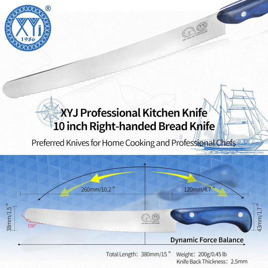 XYJ Authentic Since 1986, Bread Knife 10 inch, Stainless Steel Serrated Blade Cake Knife, Professional Slicing Bread Cutting Knives with Wood Handle for Right Hand Use, Kitchen Serrated Knife