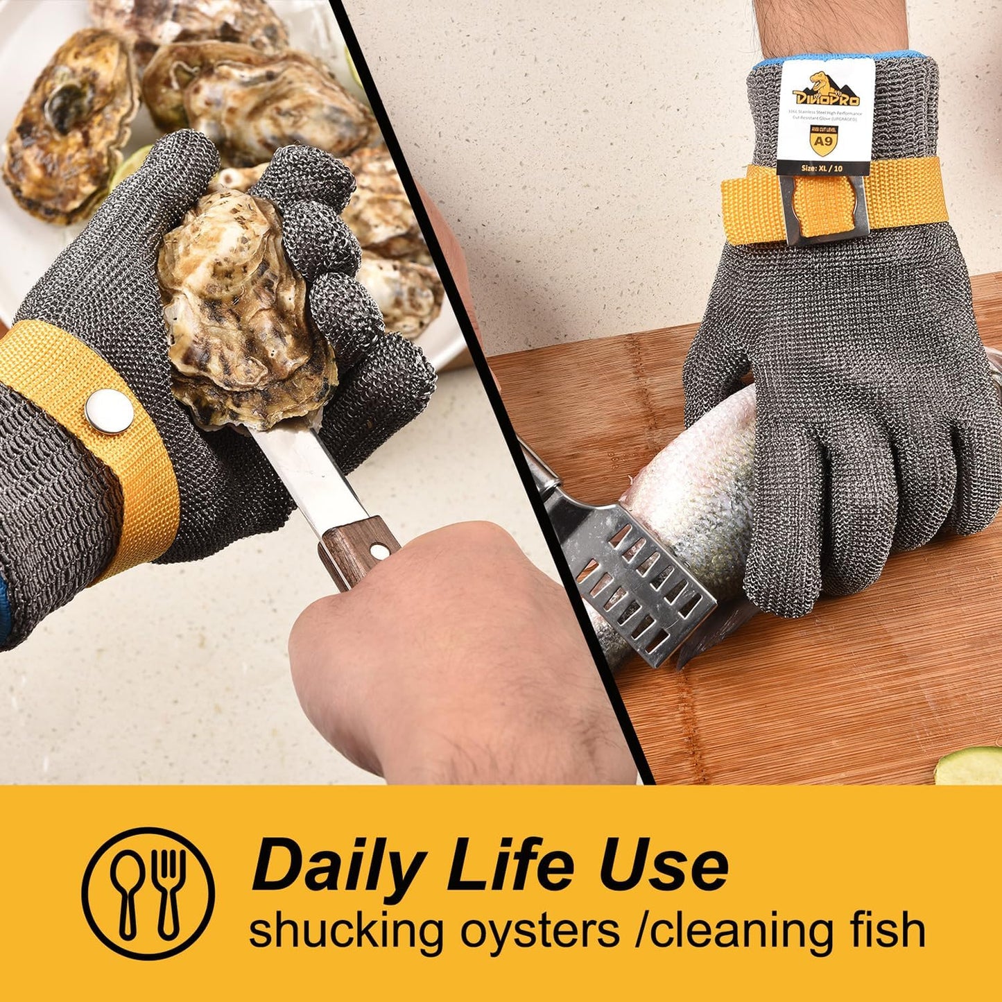 dinopro Upgraded 2.0 ANSI A9 Cut Resistant Glove Food Grade Cutting,Stainless Steel Mesh Metal Glove Mandoline Knife Protection for Slicing,Kitchen Cooking,Oyster Shucking and Fish Scale Remover
