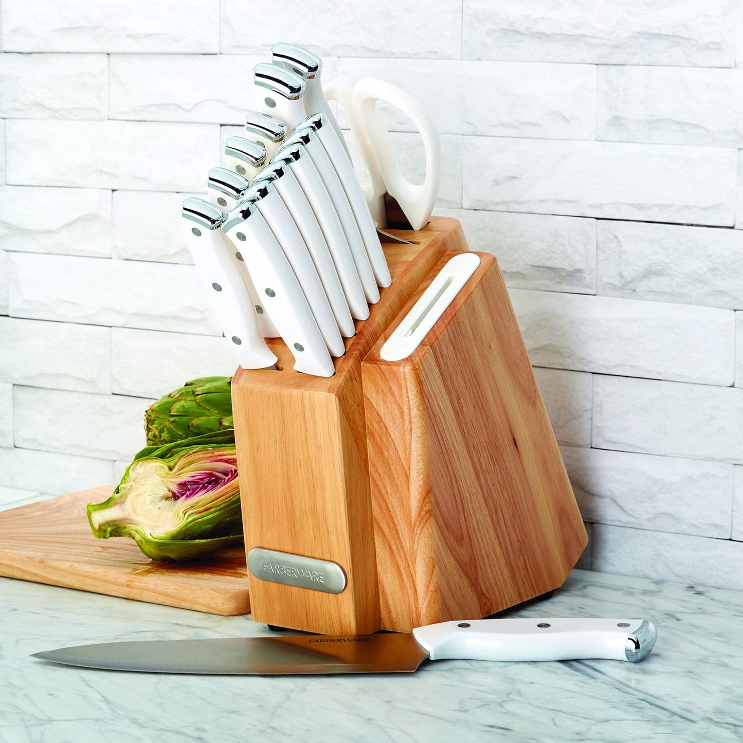Farberware Edgekeeper Triple Riveted Slim Knife Block Set with Built in Sharpener, 14-Piece, Navy