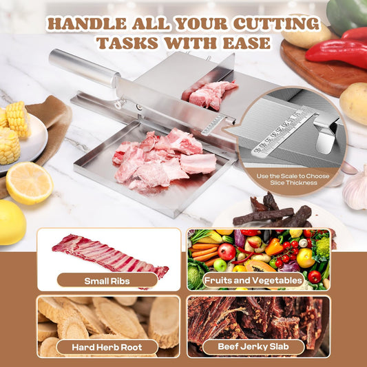 Biltong Slicer Manual Meat Chicken Cutter with Scale | Stainless Steel Cutting Machine Hand Herb Root Slicer for Salami, Ham, Bacon, Vegetables, Deli, Ginseng, Fish (KD0270)