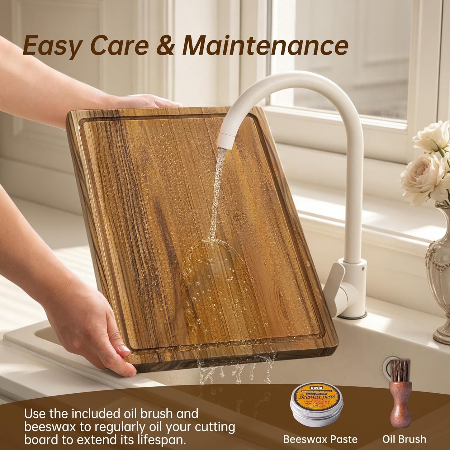 THETCHRY Teak Wood Cutting Boards for Kitchen, Wooden Cutting Board with Handles, Wooden Chopping Board with Juice Groove, Charcuterie Butcher Block for Meal Prep & Serving, 12.9" x 9.8"