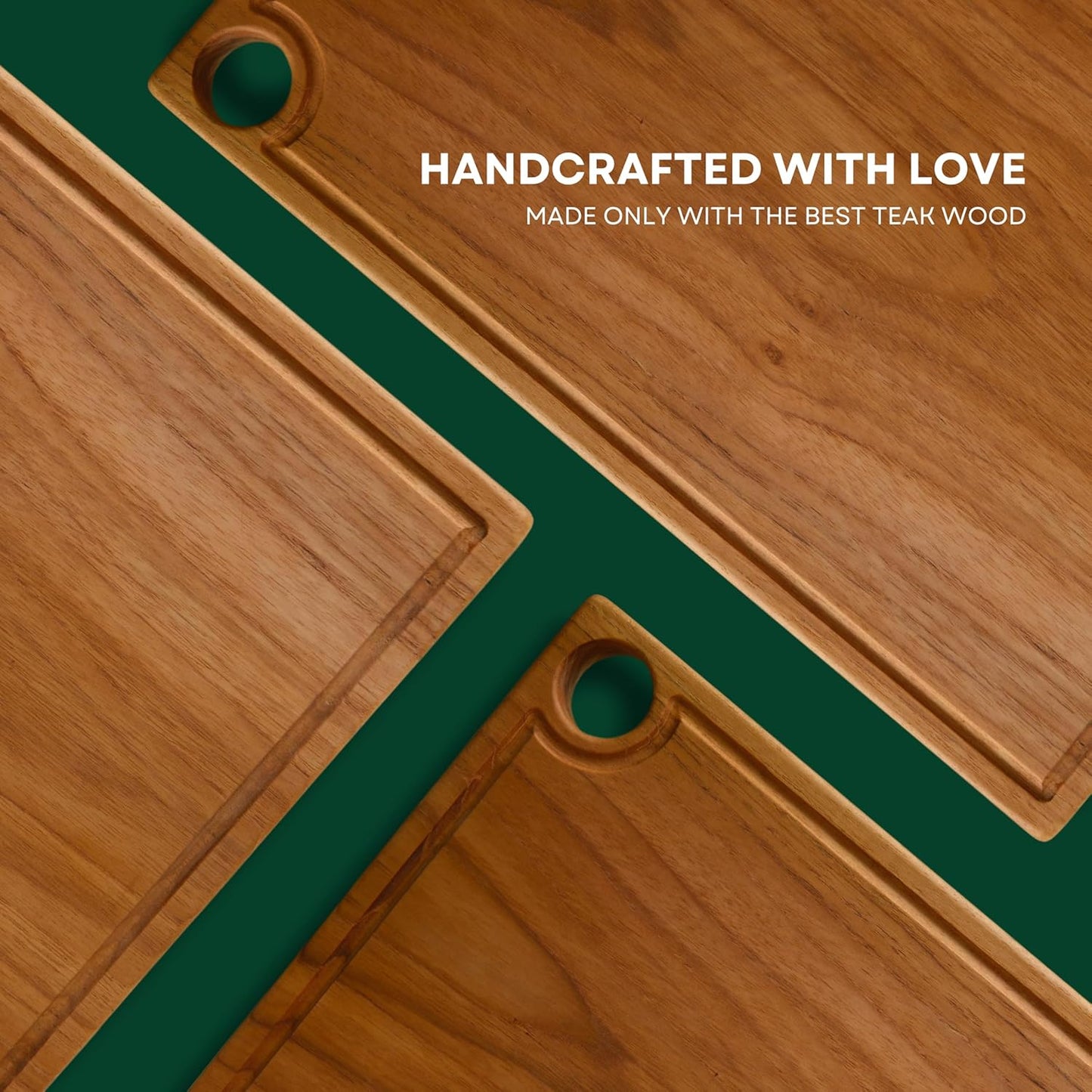 Teak Edge Grain Cutting Board – Premium Handmade Wood Chopping Board with Juice Groove & Handles, Knife-Friendly, Extra Thick Charcuterie – Made in Indonesia - L - 17.7 x 11.8 x 1.2 in