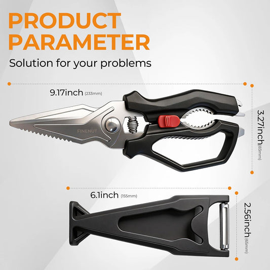Heavy Duty Kitchen Scissors with Peeler Sheath - Spring Loaded Poultry Shears for Chicken, Meat & Fish - Multipurpose Food Scissors with Safety Lock & Non-Slip Handle, Dishwasher Safe