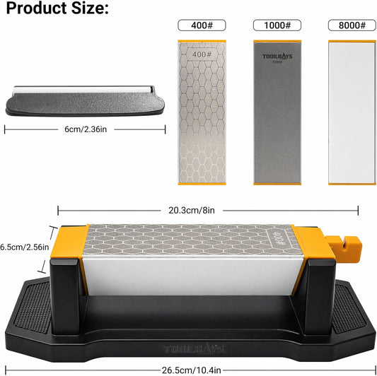 TOOMAYS Sharpening Stone 3 Side Grit 400/1000/8000, Premium Industrial Diamond & Ceramic, Knife Sharpener Stone with Angle Guide and Non-Slip Base (3 Side Grit 400/1000/8000)
