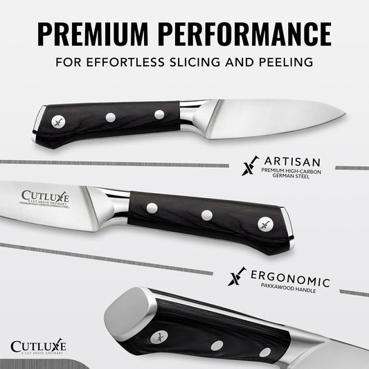 Cutluxe Paring Knife Set – 4" Fruit and 3" Peeling Knives – Small Knife with Razor Sharp Blade – High Carbon German Steel, Full Tang & Ergonomic Handle Design – Artisan Series