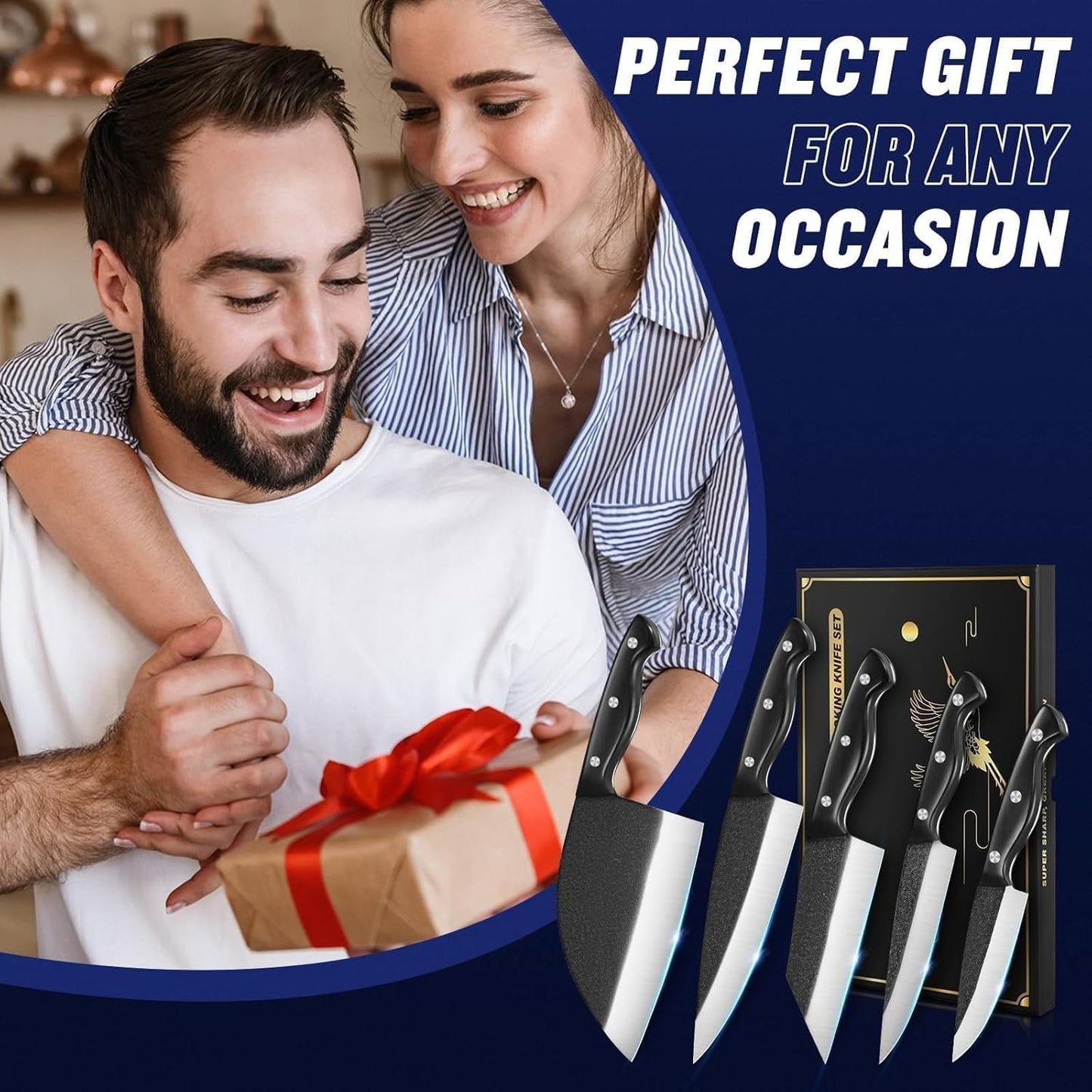 Butcher Knife Set of 5- Japanese Knife Set for Meat Cutting, Hand Forged Viking Knives Sets with Meat Cleaver, Heavy-Duty Kitchen Knives Sets for Bone BBQ Vegetable, Gifts for Men