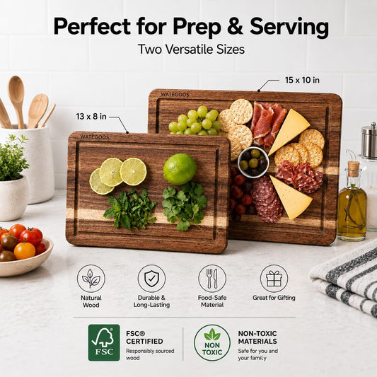Acacia Wood Cutting Boards for Kitchen, Non-Toxic Cutting Board Set of 2, Chopping Boards with Deep Juice Groove for Meat, Cheese & Vegetables - Eco-Friendly & Medium & Small Sizes