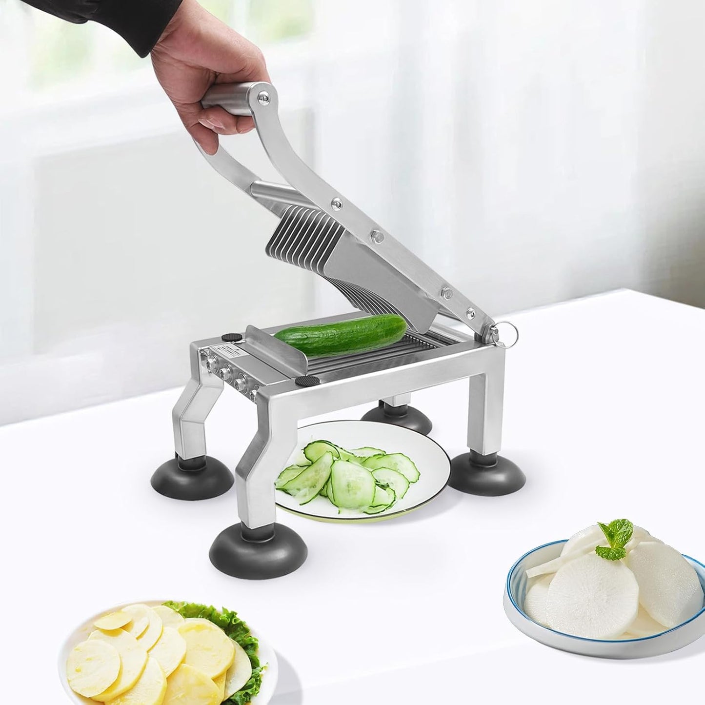 Commercial Tomato Slicer 0.4”/10mm Thickness Stainless Steel Slicer Tool with 4 Suction Cups Manual Cutter for Tomato Cucumber Onion Ham Egg for Restaurant Home Use