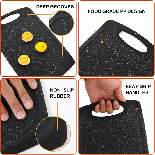 Cutting Board, Set of 3 Kitchen Plastic Chopping Boards Non-Slip Cutting Boards with Grip Handle Juice Grooves Grinding Groove Large Chopping Boards for Meat Vegetables Fruits.