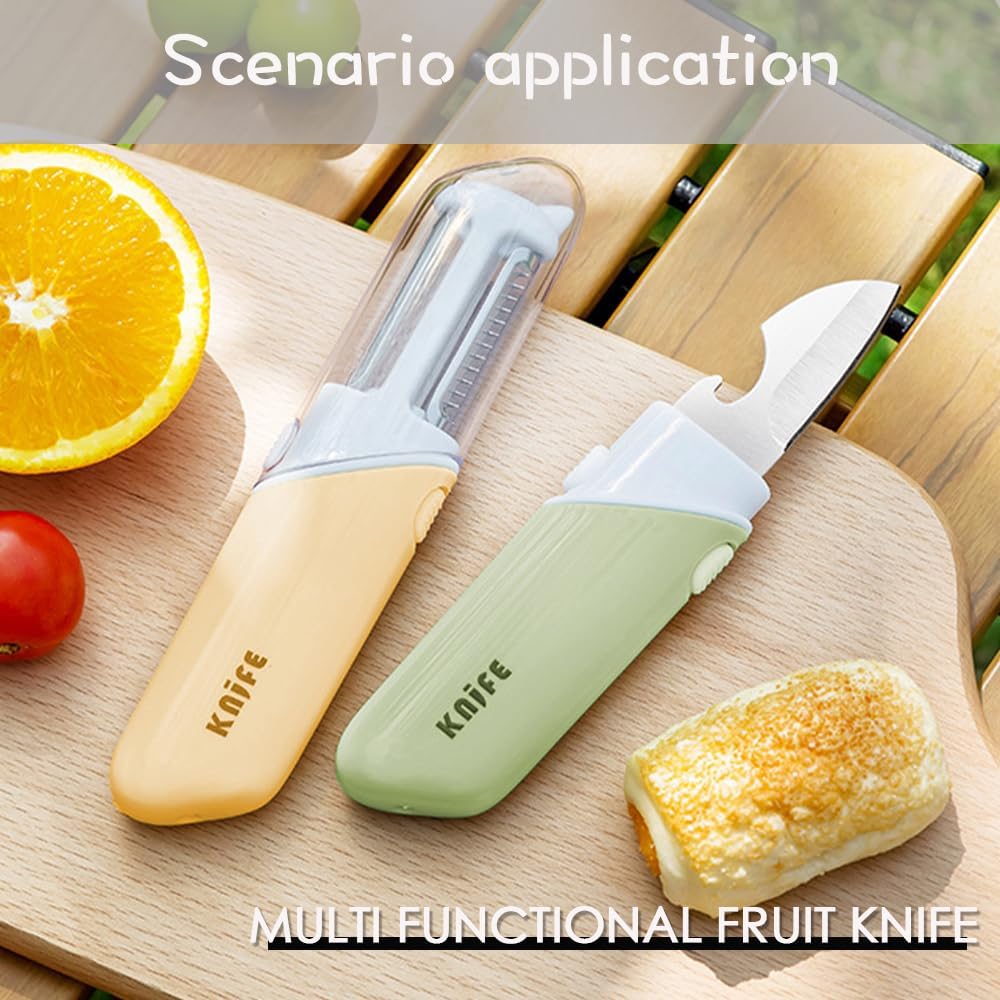 5-in-1 Fruit Knife & Vegetable Peeler, Foldable Multi-Tool with Bottle Opener & Serrated Blade for Home, Dorm, Office & Camping