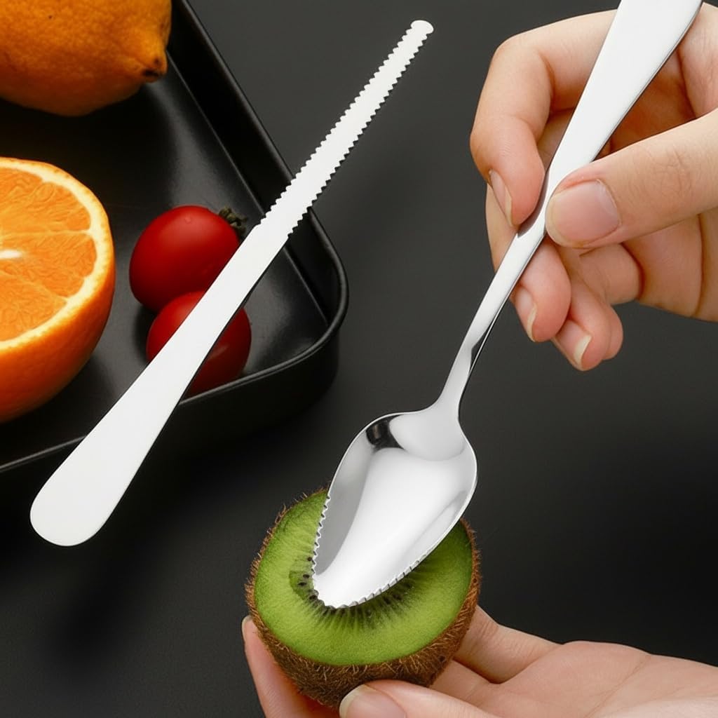 6 PCS Stainless Steel Serrated Grapefruit Spoon and Knife Set Curved Utensils for Citrus Kiwi Melon Lime and Pitaya Fruits (Silver)