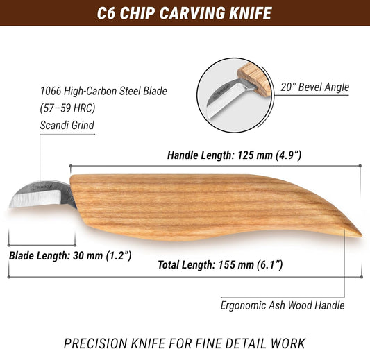 Chip Carving Knife C6 1" - Wood Carving Tools for Beginners and Kids - Small Whittling Knife for Detail