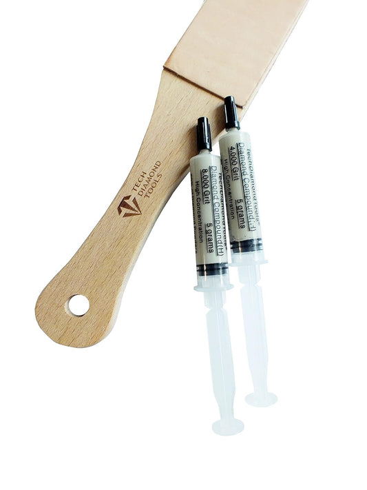 Set of 11” Long Leather Paddle Strop for Knife Sharpening and Two Diamond Polishing Compounds with High Concentration for Sharpening Knives, Double Sided Leather Strop USA Made