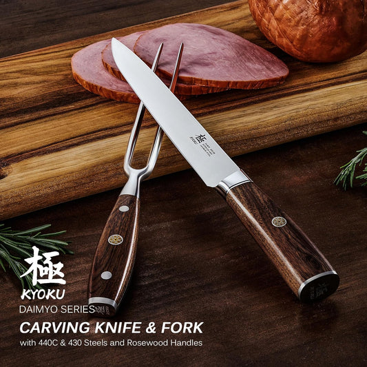 Carving Knife Set, Daimyo Series 8" Carving Knife and Fork, Japanese Style 440C Stainless Steel Meat Cutting Knife for Winter Christmas Turkey