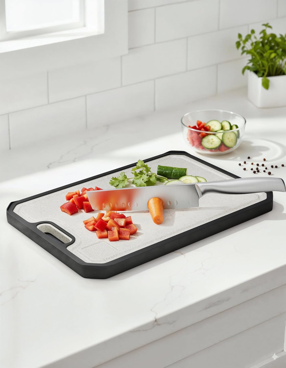 Cutting Board with Nakiri Knife and Storage Stand – Large Double-Sided Stainless Steel Surface & Eco-Friendly Wheat Straw Board with Slip-Resistant Edges