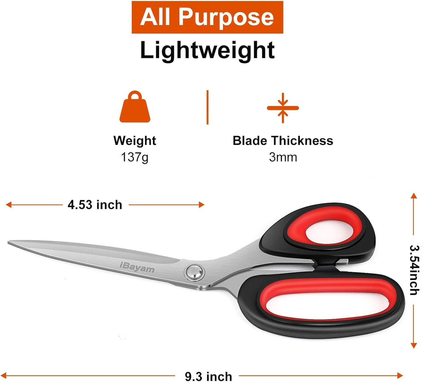 iBayam 8.5" Pastel Scissors All Purpose Heavy Duty 3Pack, 2.5mm Sharp Blade | Soft Comfort-grip | Left/Right Handed | Cuts cardboard, fabric, vinyl & leather | office, classroom, school & craft desk