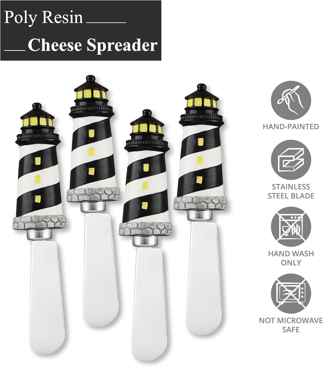UP Black Lighthouse Cheese Spreaders, Hand-Painted Resin Handles with Stainless Steel Blades for Spreading Cream Cheese, Butter, Jam, or Sandwich, Set of 4