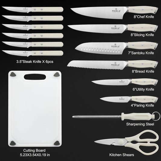 In-drawer Knife Block Set, 16PCS Kitchen Knife Set with Wooden Block, Chopping Knives Set, Stainless Steel Knife Block Set, Sharp Cooking Knife Set with Cutting Board, Rust Proof, White