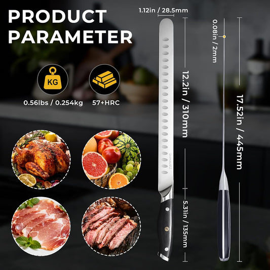 Brisket Knife, 12 Inch Carving Knife for Meat, Razor Sharp High Carbon Steel, Full Tang Ergonomic Pakkawood Handle Slicing Knives for Roast Beef, BBQ, Turkey, Grilling Gift for Men