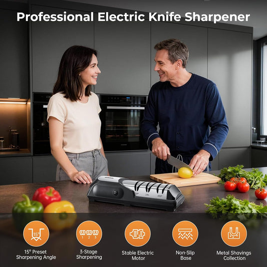 Kitchen Professional Electric Knife Sharpener: 3-Stage 100% Diamond Abrasives Knife Sharpeners with 15° Precision Angle Electric Steel Sharpening Tool to Restore/Polish Chef Knives