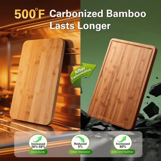 Zarler Bamboo Cutting Boards for Kitchen, Wood Cutting Board with Juice Grooves and Handles, Wooden Chopping Board Set for Meal Prep, 500℉ Carbonized Bamboo, XL Size, Ideal Kitchen Gift