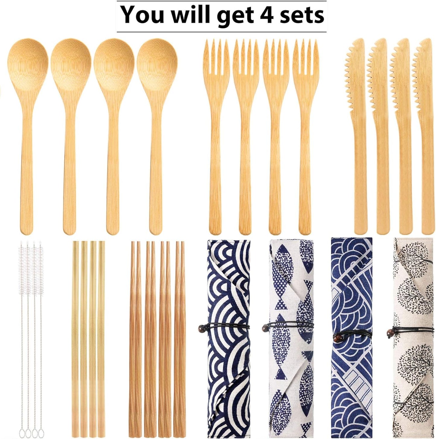 4 Sets Bamboo Utensils Wooden Utensils Set Japanese Style Reusable Cutlery Travel Chopsticks Fork Spoon Straw Portable Utensil Case for Travel Hiking Picnic Camping Cooking Kitchen(Chic Style)