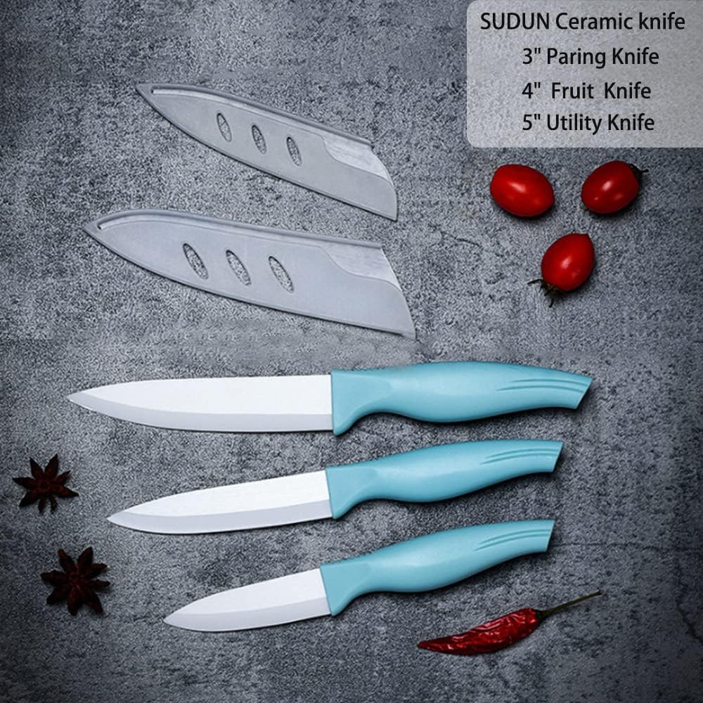 3-Piece Blue Ceramic Knife Set - 5" Veggie, 4" Fruit, 3" Peeling Knife - Suitable for Beef, Chicken, Vegetables, Fruits, Butter & Bread (Blue)