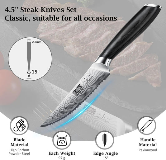Steak Knives Set of 6, 4.5 Inch Japanese Serrated Steak Knife Set | Ultra Sharp High Carbon Powder Steel Steak Knife, Effortless Cutting Dinner Knives with Pakkawood Handle, Cooking Gifts