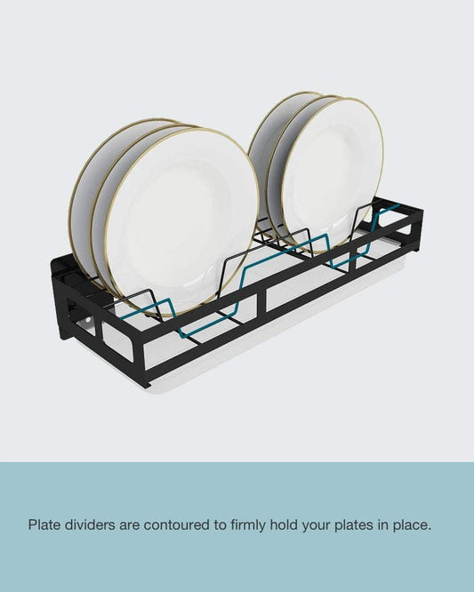 Kitchen Wall-Mounted Plate Storage Rack With Drying Tray - Dish Rack - Display Shelf - Wall Hanging Holder (Black)